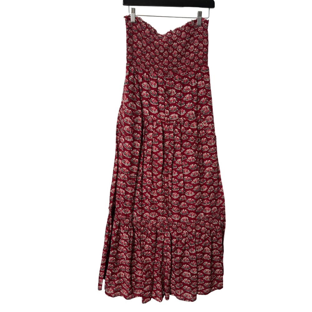 American Eagle Red Floral Smocked Strapless Maxi Dress Cotton Tiered Pockets M